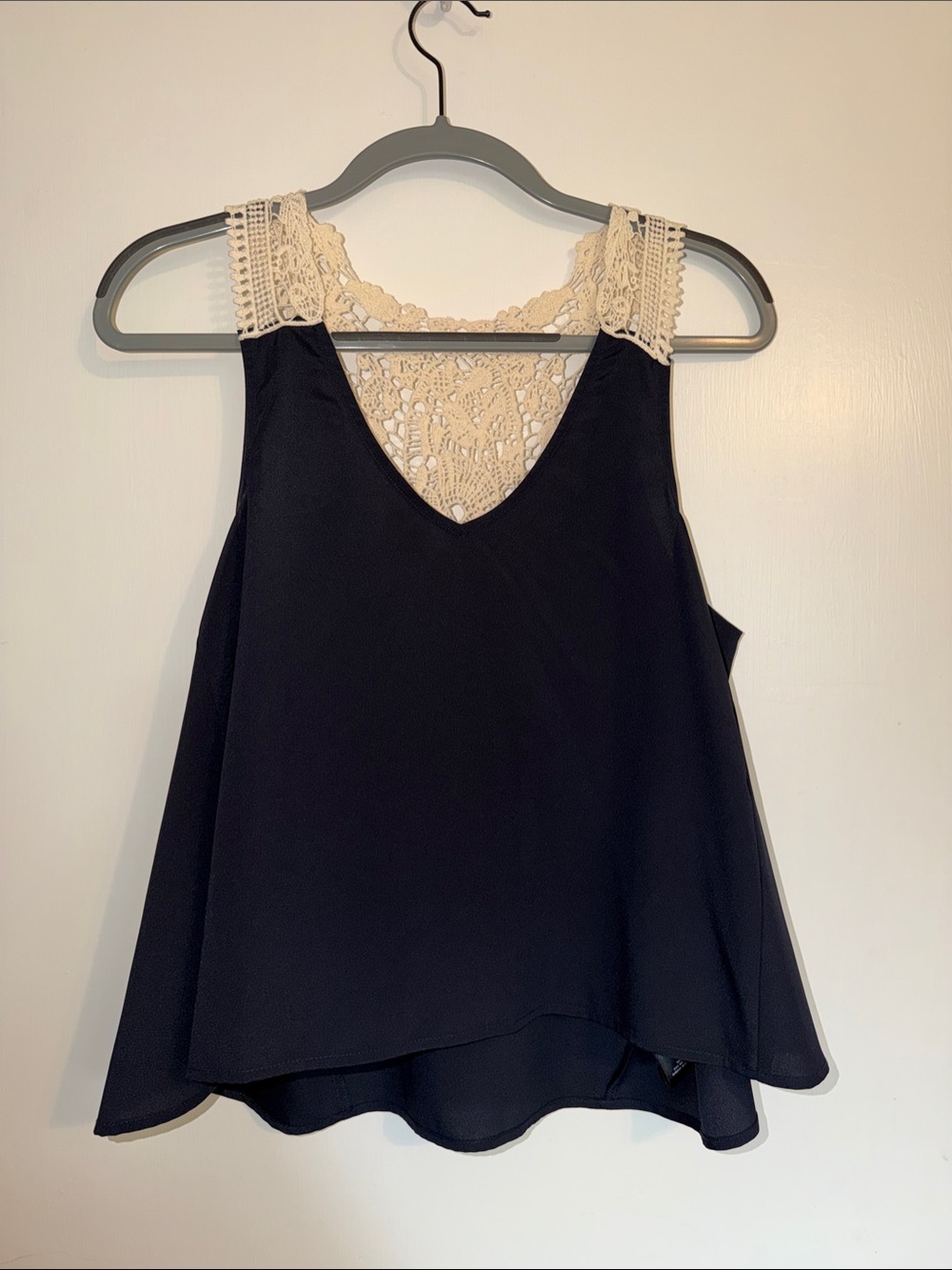 Women’s Navy Silk Tank Top with Cream Lace Back